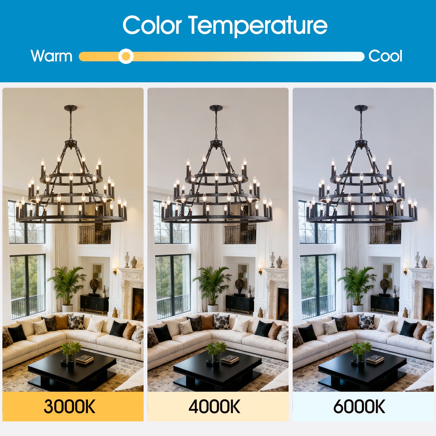 YANSUN 39.37in. 3-Tier Wagon Wheel Chandelier 36-Light E12 Farmhouse Industrial Light Adjustable Height for High Ceiling Living Dining Room Foyer