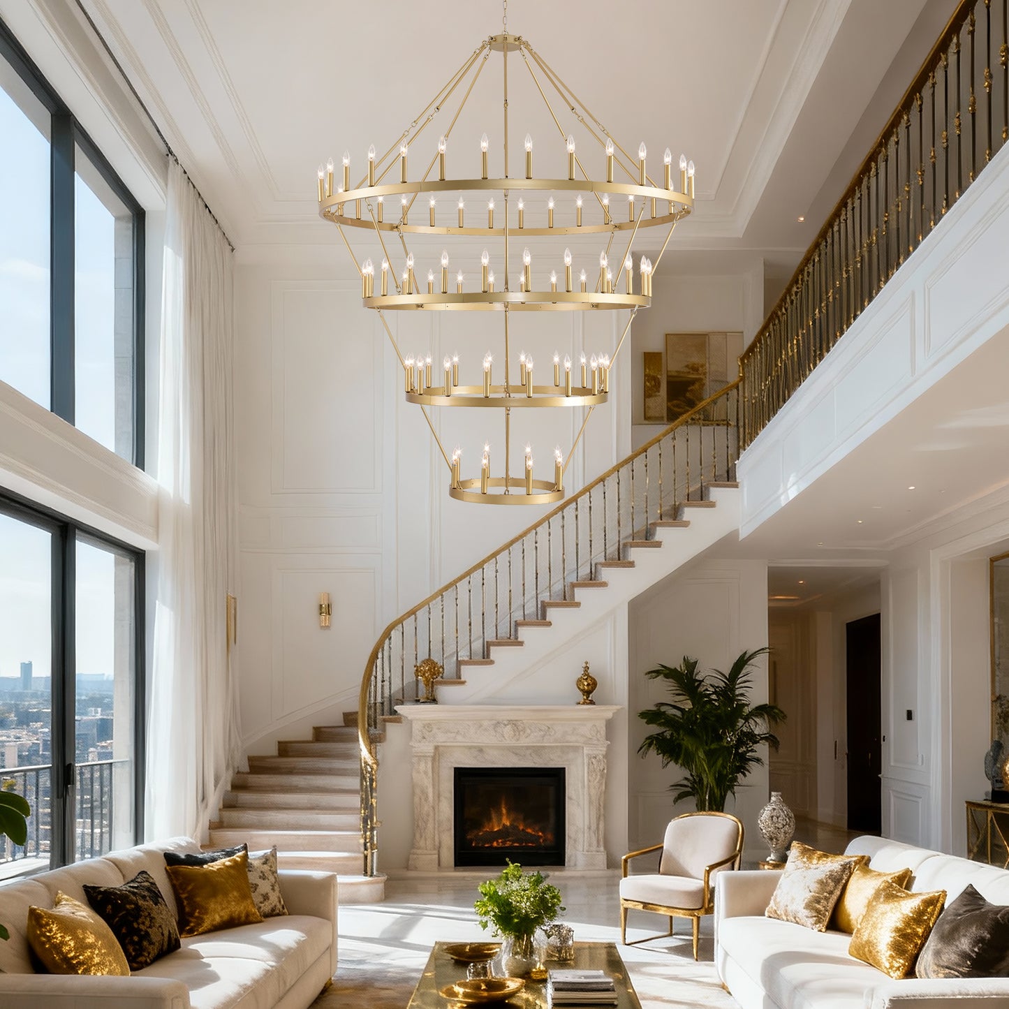 YANSUN Large 70.87" Farmhouse Wagon Wheel Chandelier, 60 Lights, Gold Finish, Adjustable Height, E12 Bulbs, Ideal for Dining Rooms & Living Spaces