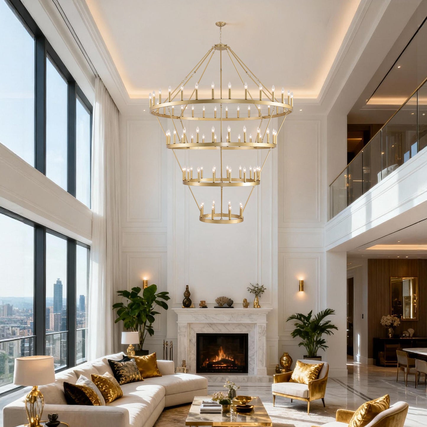 YANSUN Large 70.87" Farmhouse Wagon Wheel Chandelier, 60 Lights, Gold Finish, Adjustable Height, E12 Bulbs, Ideal for Dining Rooms & Living Spaces