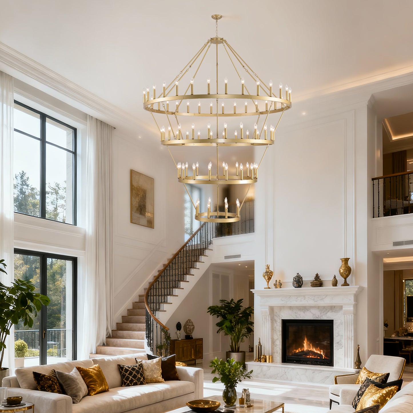 YANSUN Large 70.87" Farmhouse Wagon Wheel Chandelier, 60 Lights, Gold Finish, Adjustable Height, E12 Bulbs, Ideal for Dining Rooms & Living Spaces