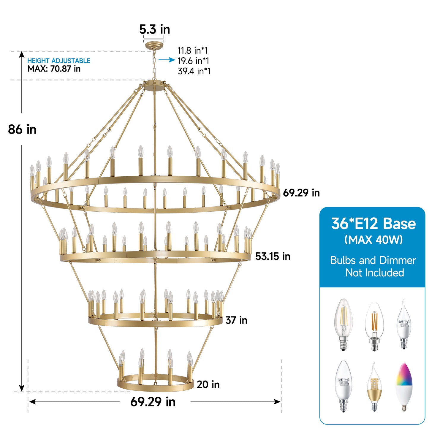 YANSUN Large 70.87" Farmhouse Wagon Wheel Chandelier, 60 Lights, Gold Finish, Adjustable Height, E12 Bulbs, Ideal for Dining Rooms & Living Spaces