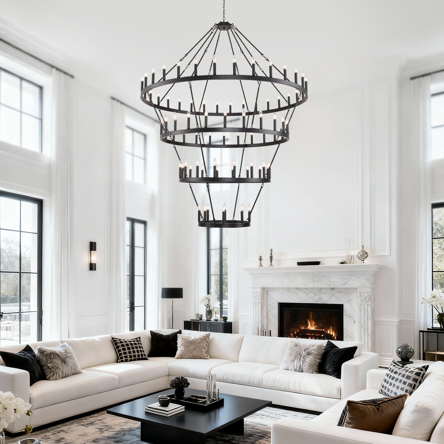 YANSUN 70.87in. 4-Tier Black Wagon Wheel Chandelier 60-Light E12 Farmhouse Industrial 4-Story Light for High Ceiling Living Dining Room Foyer