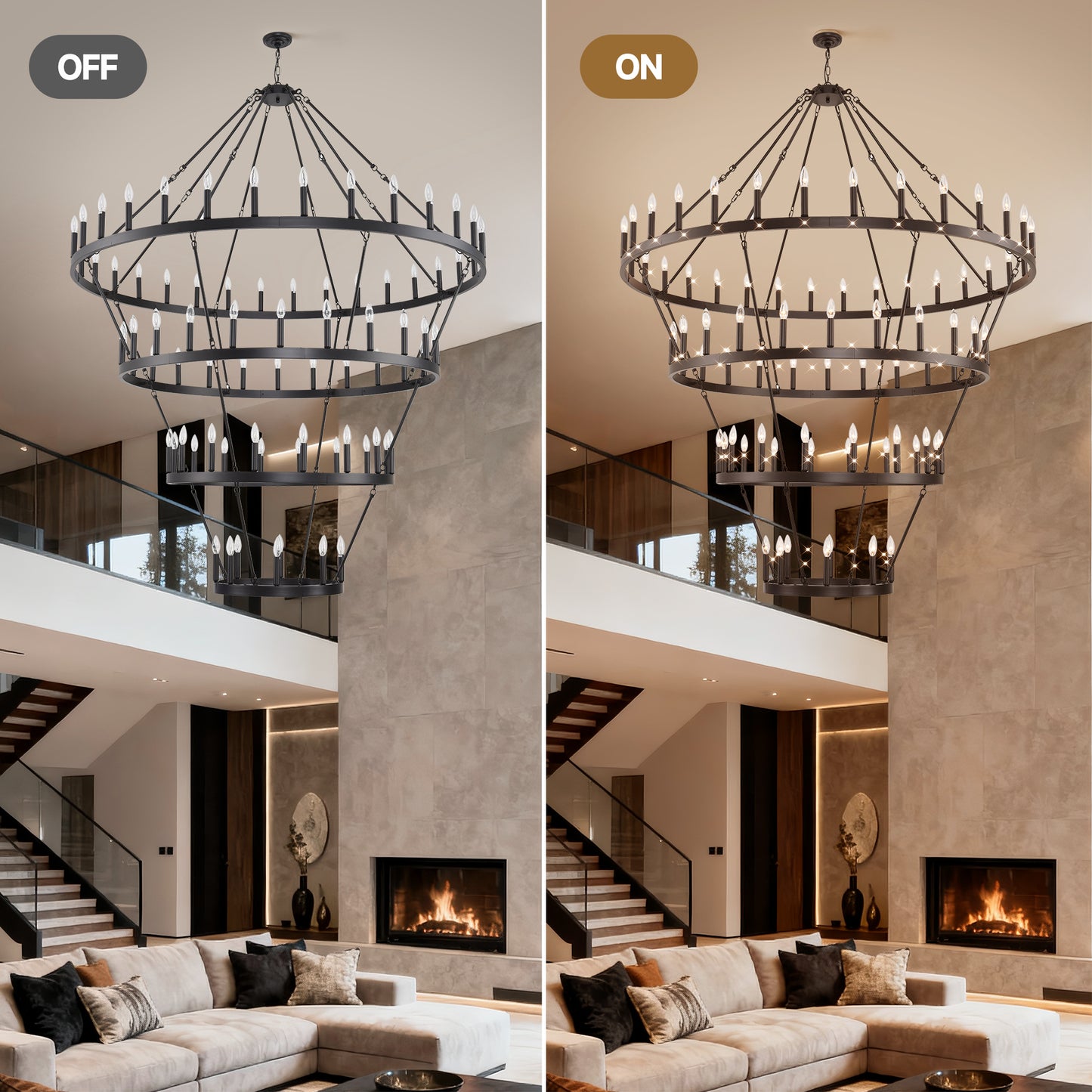 YANSUN 70.87in. 4-Tier Black Wagon Wheel Chandelier 60-Light E12 Farmhouse Industrial 4-Story Light for High Ceiling Living Dining Room Foyer