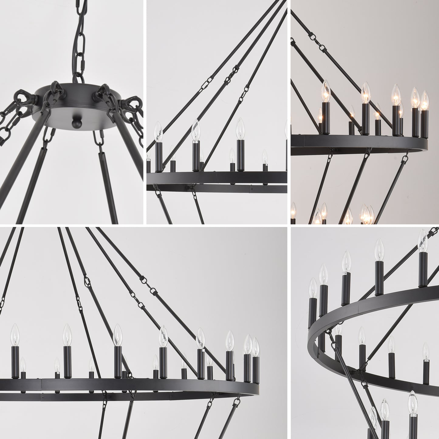 YANSUN 70.87in. 4-Tier Black Wagon Wheel Chandelier 60-Light E12 Farmhouse Industrial 4-Story Light for High Ceiling Living Dining Room Foyer