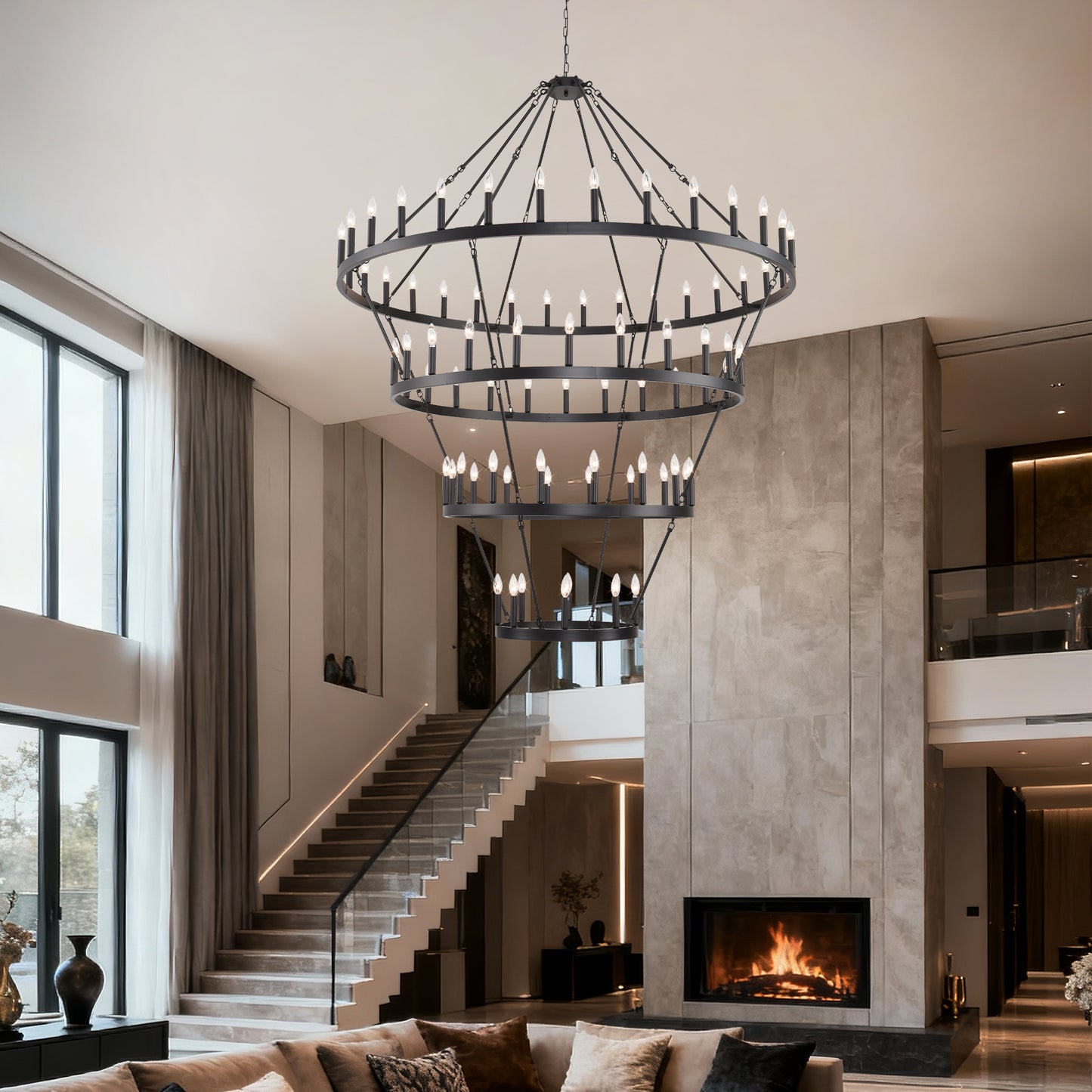 YANSUN 70.87in. 4-Tier Black Wagon Wheel Chandelier 60-Light E12 Farmhouse Industrial 4-Story Light for High Ceiling Living Dining Room Foyer
