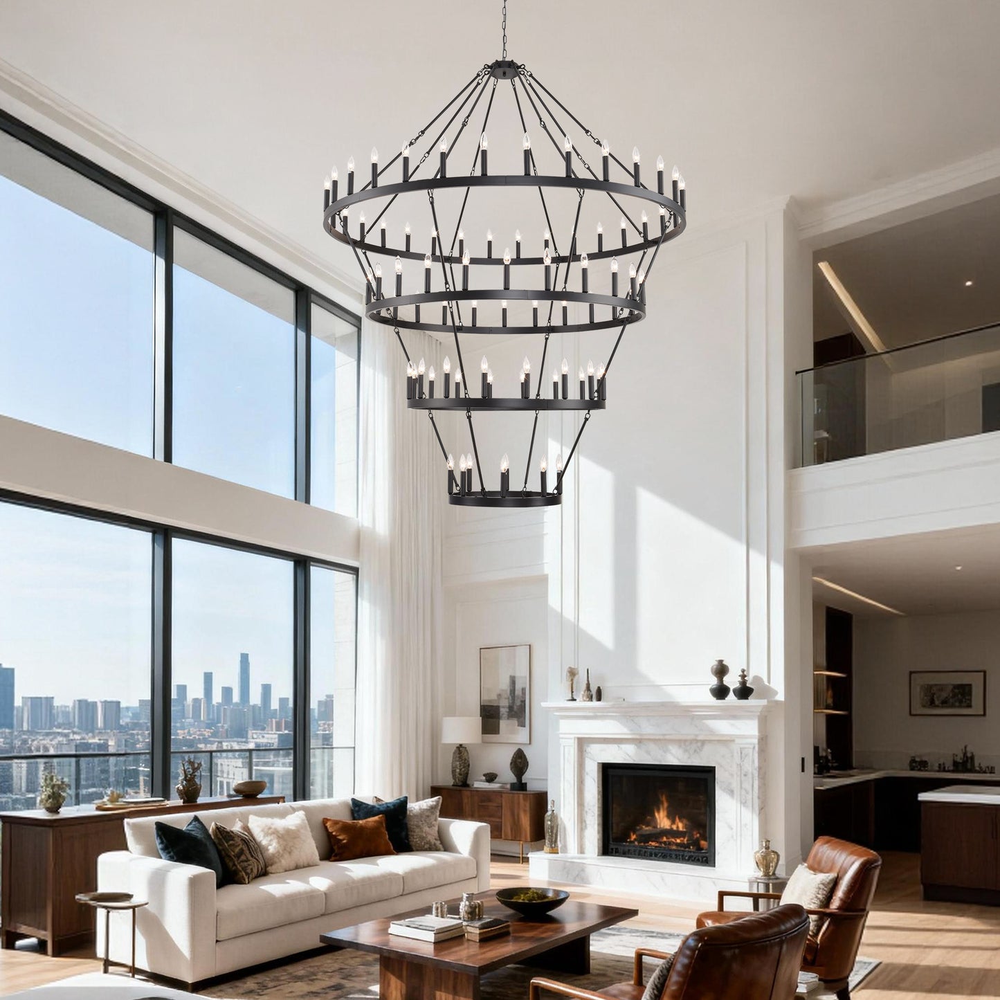 YANSUN 70.87in. 4-Tier Black Wagon Wheel Chandelier 60-Light E12 Farmhouse Industrial 4-Story Light for High Ceiling Living Dining Room Foyer
