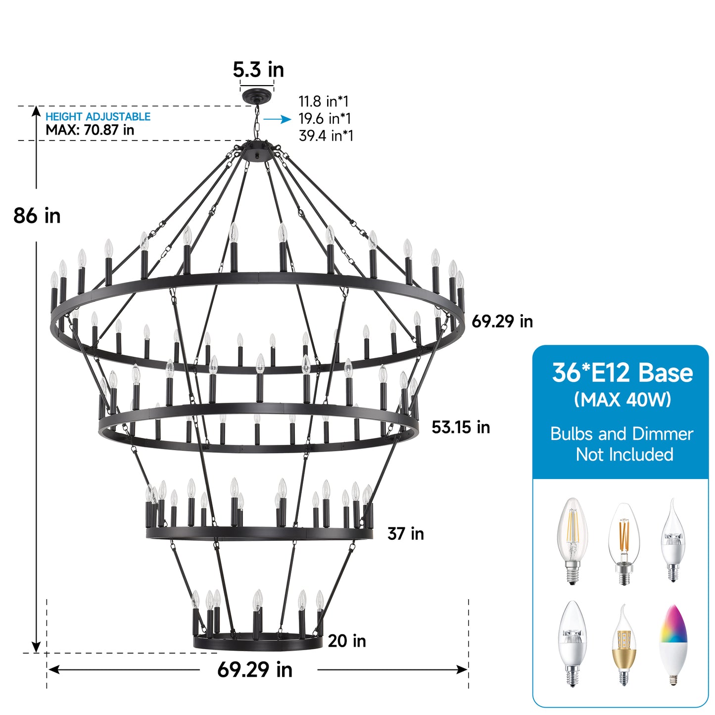YANSUN 70.87in. 4-Tier Black Wagon Wheel Chandelier 60-Light E12 Farmhouse Industrial 4-Story Light for High Ceiling Living Dining Room Foyer