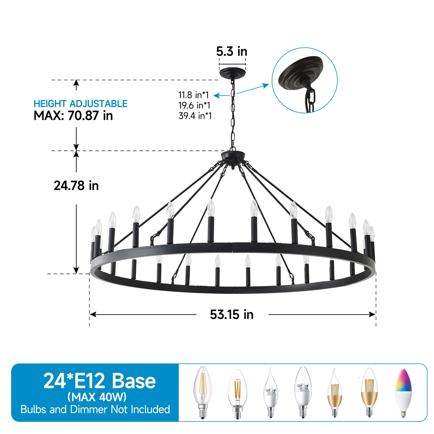 YANSUN 53" Farmhouse Wagon Wheel Chandelier, 30-Light Matte Black Ceiling Light, Adjustable Height, E12 Bulbs, Dining Room Fixture