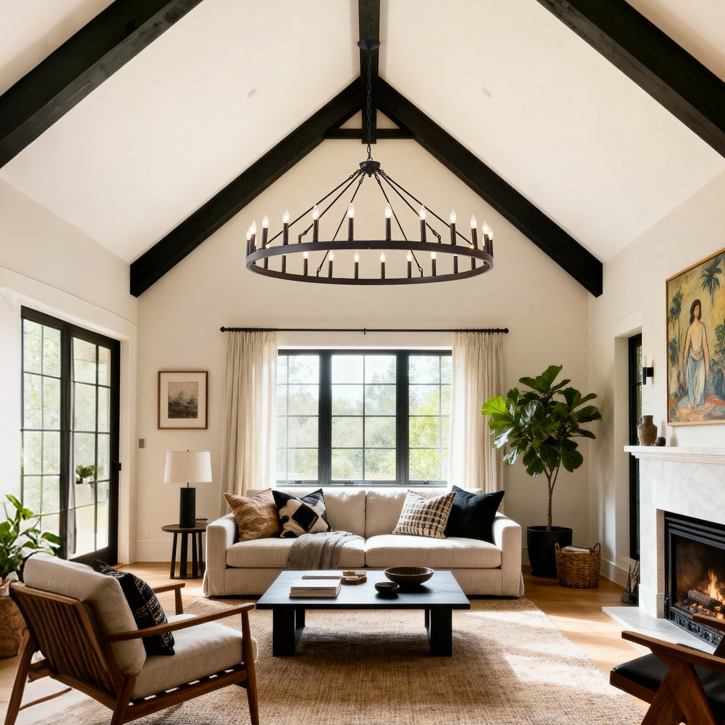 YANSUN 53" Farmhouse Wagon Wheel Chandelier, 30-Light Matte Black Ceiling Light, Adjustable Height, E12 Bulbs, Dining Room Fixture