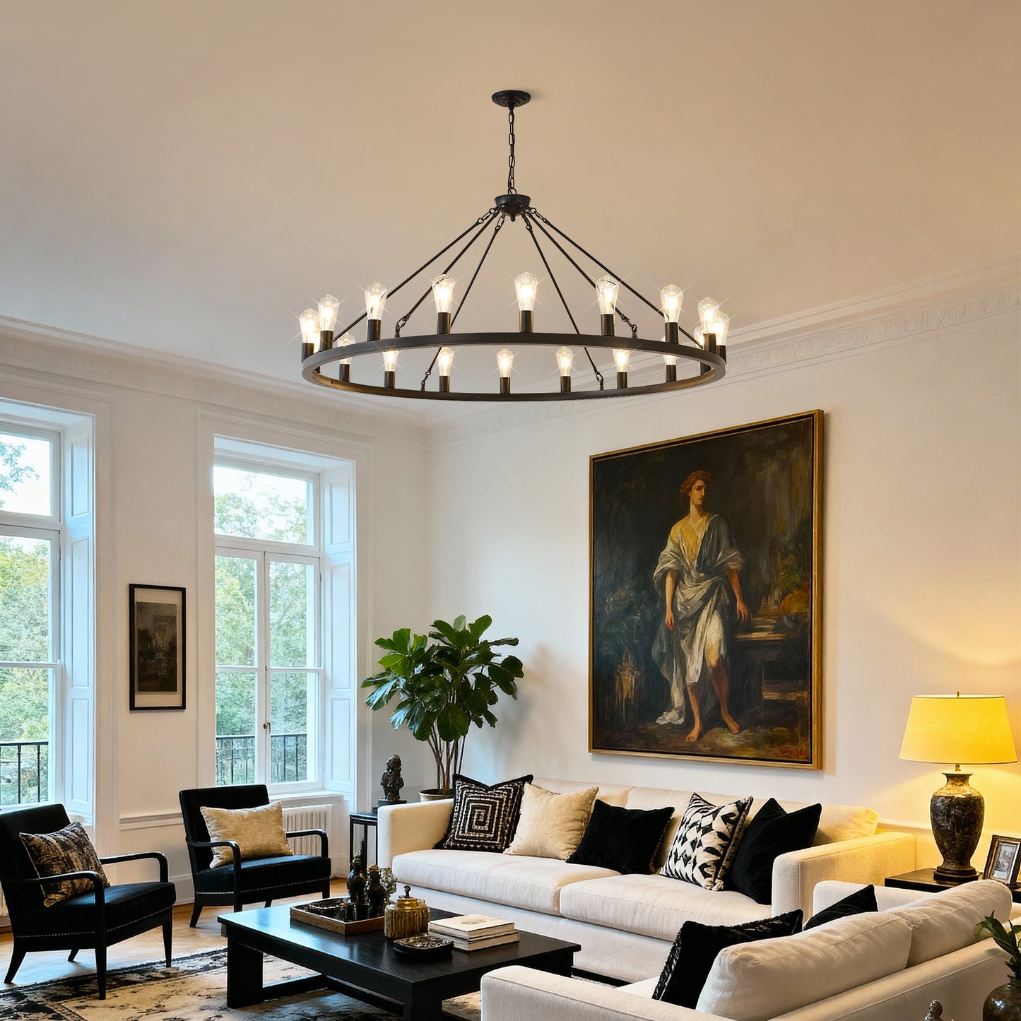 YANSUN 30-Light Large Wagon Wheel Chandelier, Black Farmhouse Ceiling Light with Adjustable Chain, E26 Bulbs, Ideal for Dining Room & Foyer