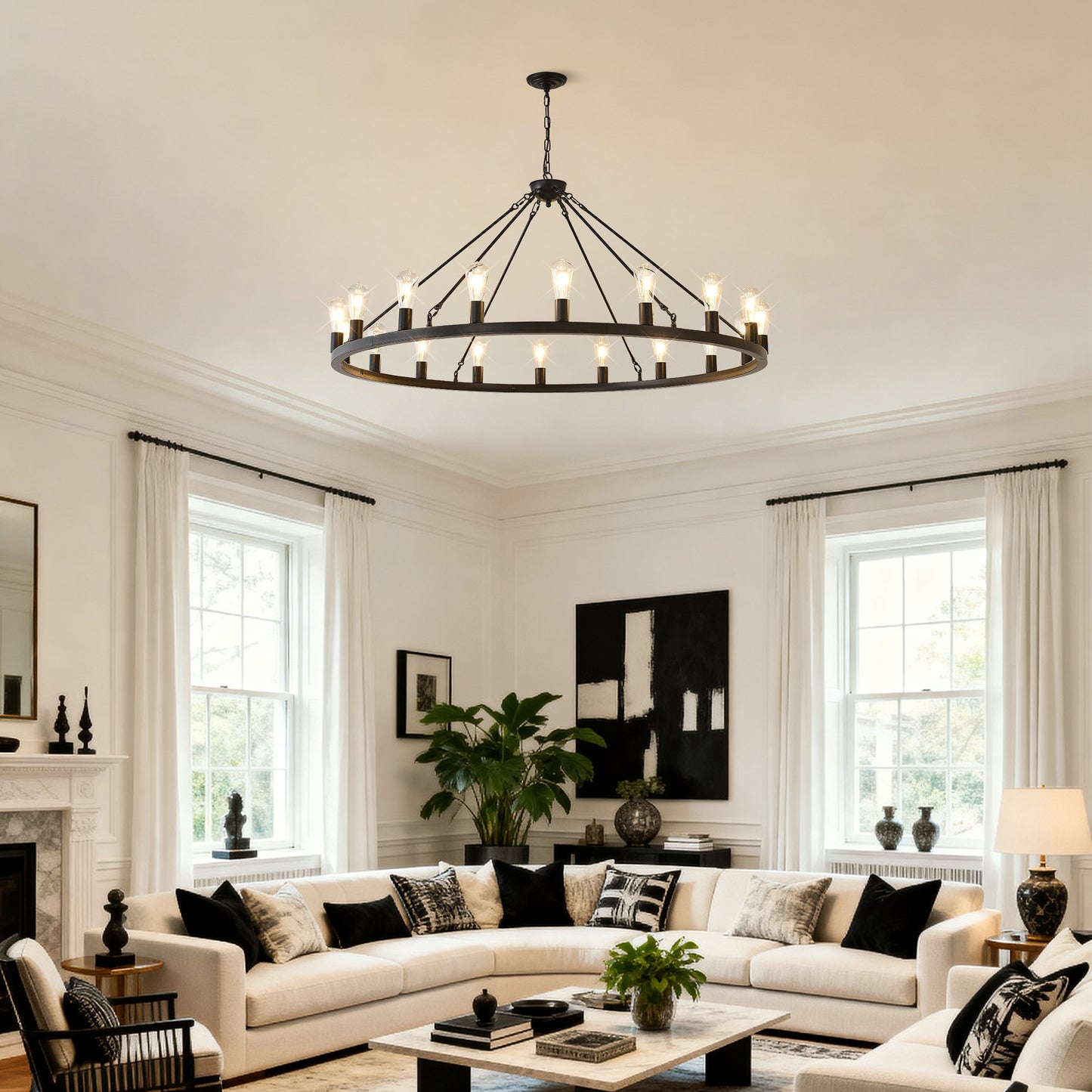 YANSUN 30-Light Large Wagon Wheel Chandelier, Black Farmhouse Ceiling Light with Adjustable Chain, E26 Bulbs, Ideal for Dining Room & Foyer