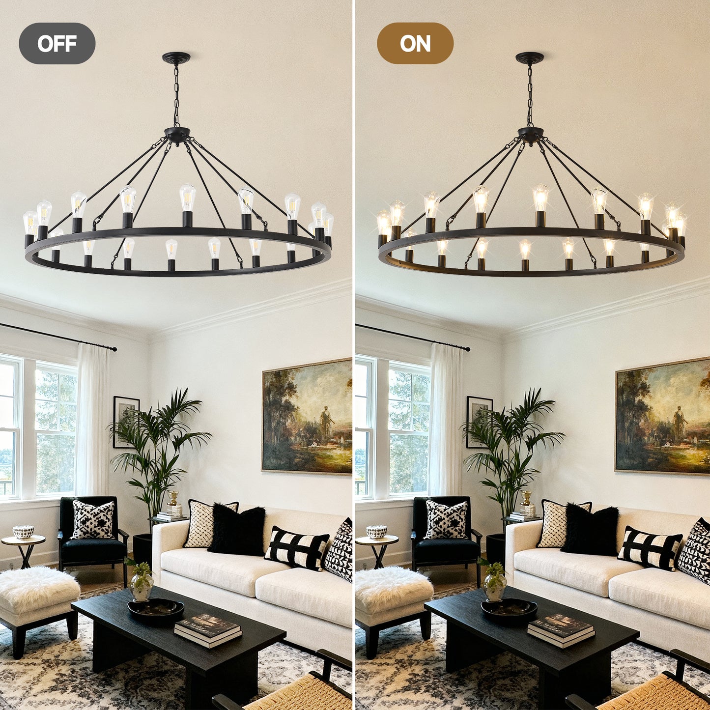 YANSUN 30-Light Large Wagon Wheel Chandelier, Black Farmhouse Ceiling Light with Adjustable Chain, E26 Bulbs, Ideal for Dining Room & Foyer