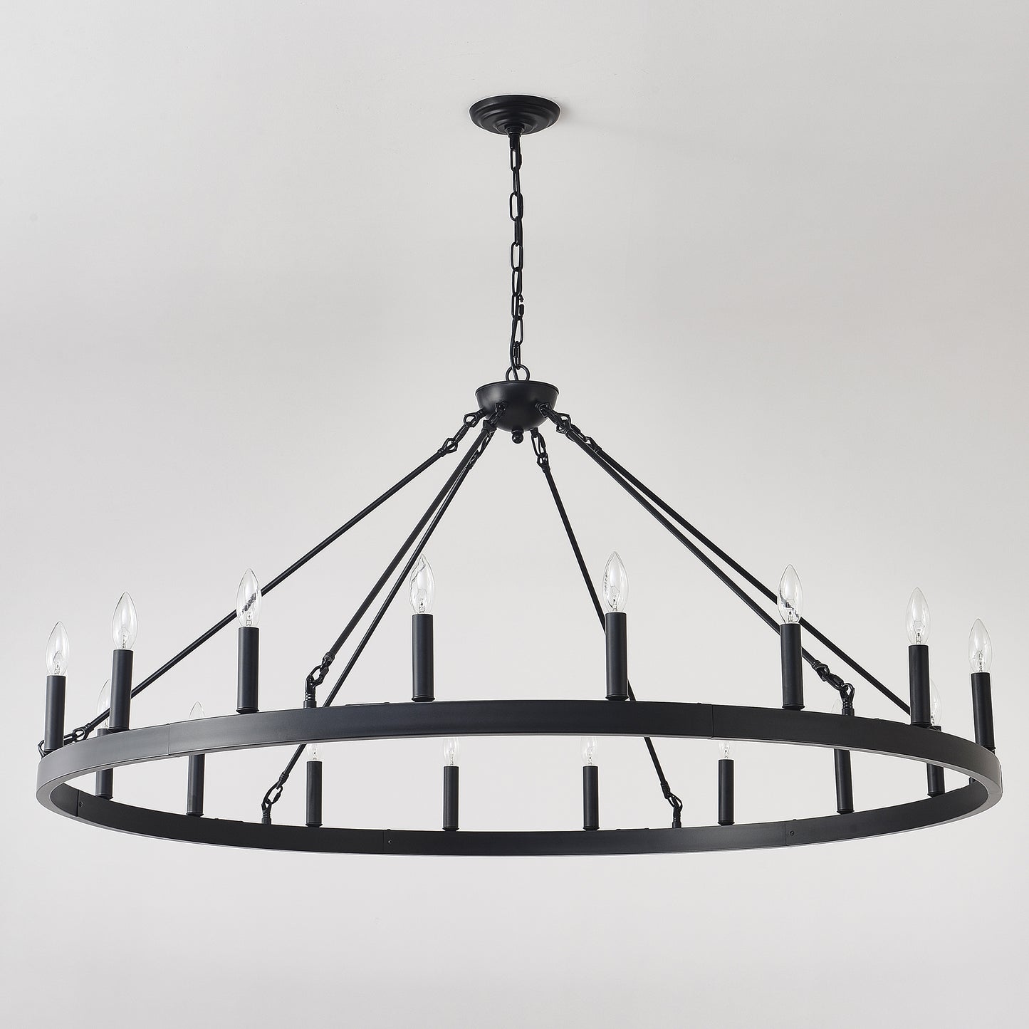 YANSUN 53in. Black Extra Large Wagon Wheel Chandelier 18-Light E12 Farmhouse Industrial Pendant Adjustable Chain for Dining Room Living Room