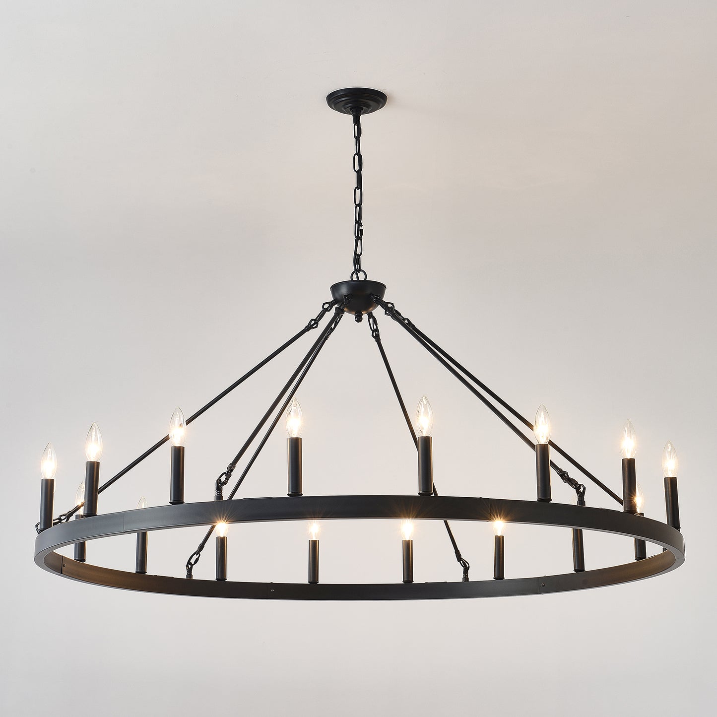 YANSUN 53in. Black Extra Large Wagon Wheel Chandelier 18-Light E12 Farmhouse Industrial Pendant Adjustable Chain for Dining Room Living Room