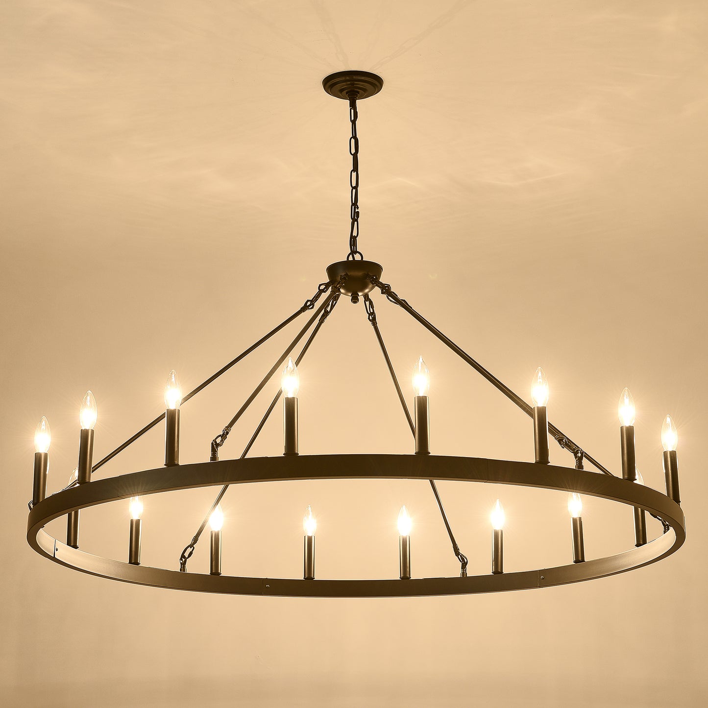 YANSUN 53in. Black Extra Large Wagon Wheel Chandelier 18-Light E12 Farmhouse Industrial Pendant Adjustable Chain for Dining Room Living Room
