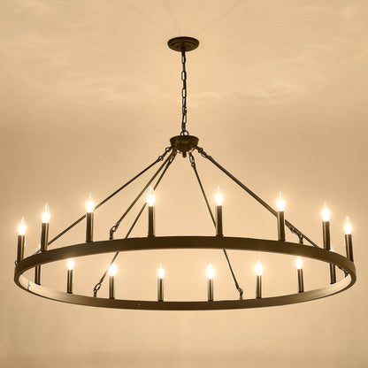 YANSUN 53in. Black Extra Large Wagon Wheel Chandelier 18-Light E12 Farmhouse Industrial Pendant Adjustable Chain for Dining Room Living Room
