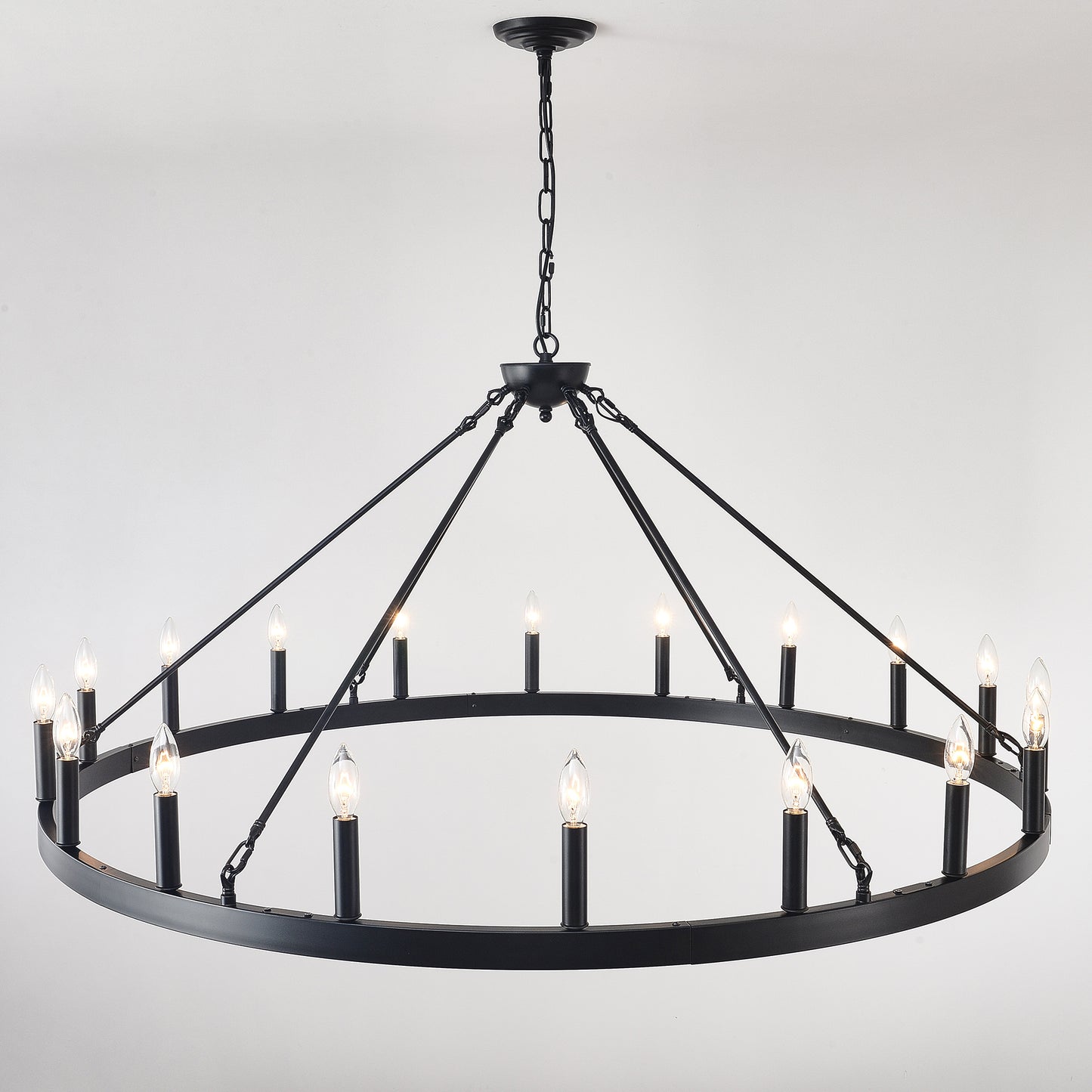 YANSUN 53in. Black Extra Large Wagon Wheel Chandelier 18-Light E12 Farmhouse Industrial Pendant Adjustable Chain for Dining Room Living Room