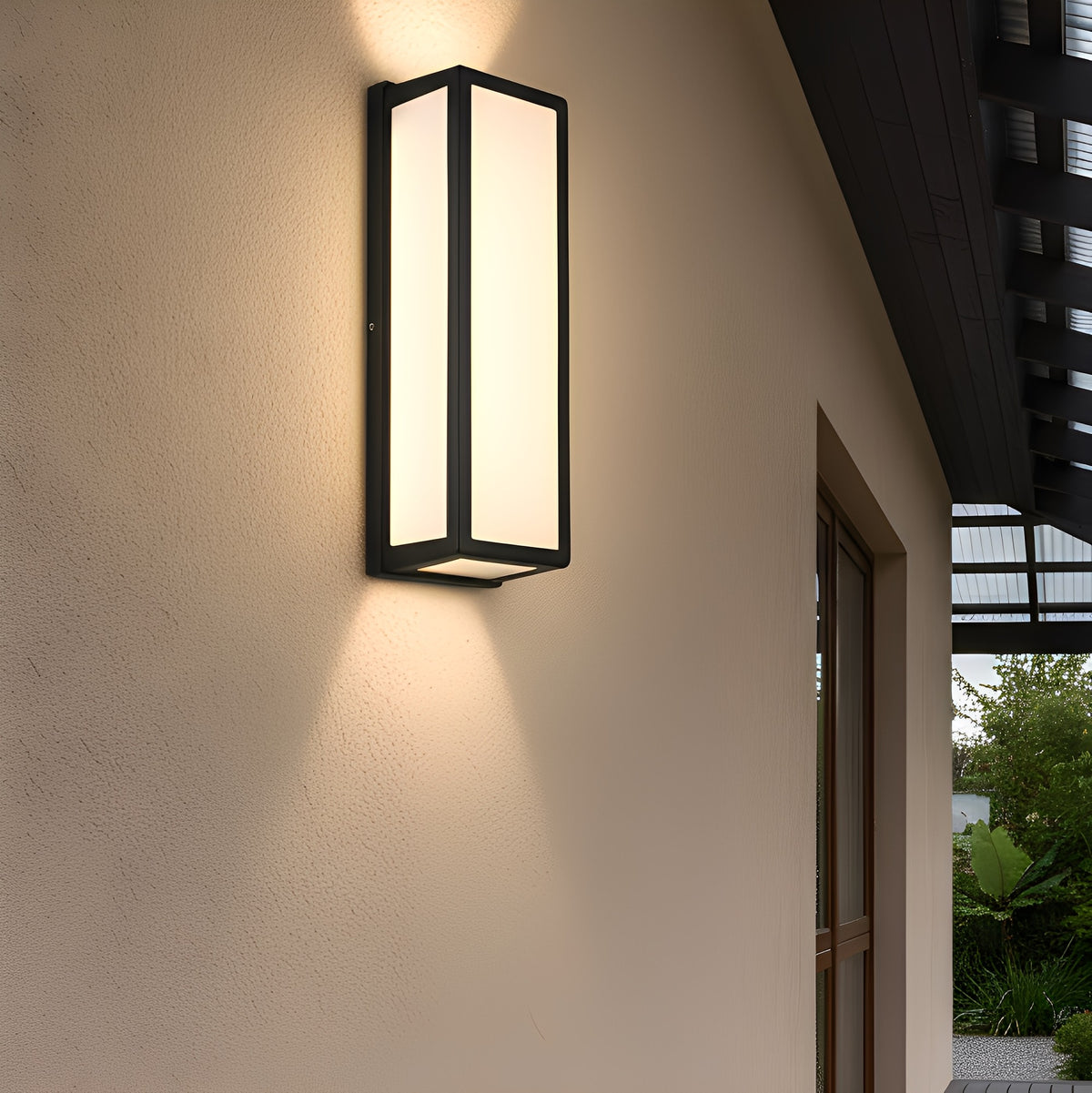 16 in. Black Cylinder Modern Integrated LED Indoor/Outdoor Porch Light Wall Lantern Sconce with White Shade for Patios