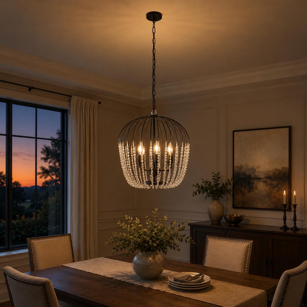 YANSUN 6-Light Black Crystal Pendant Light, Modern Statement Chandelier with E12 Base for Living Room or Dining Room