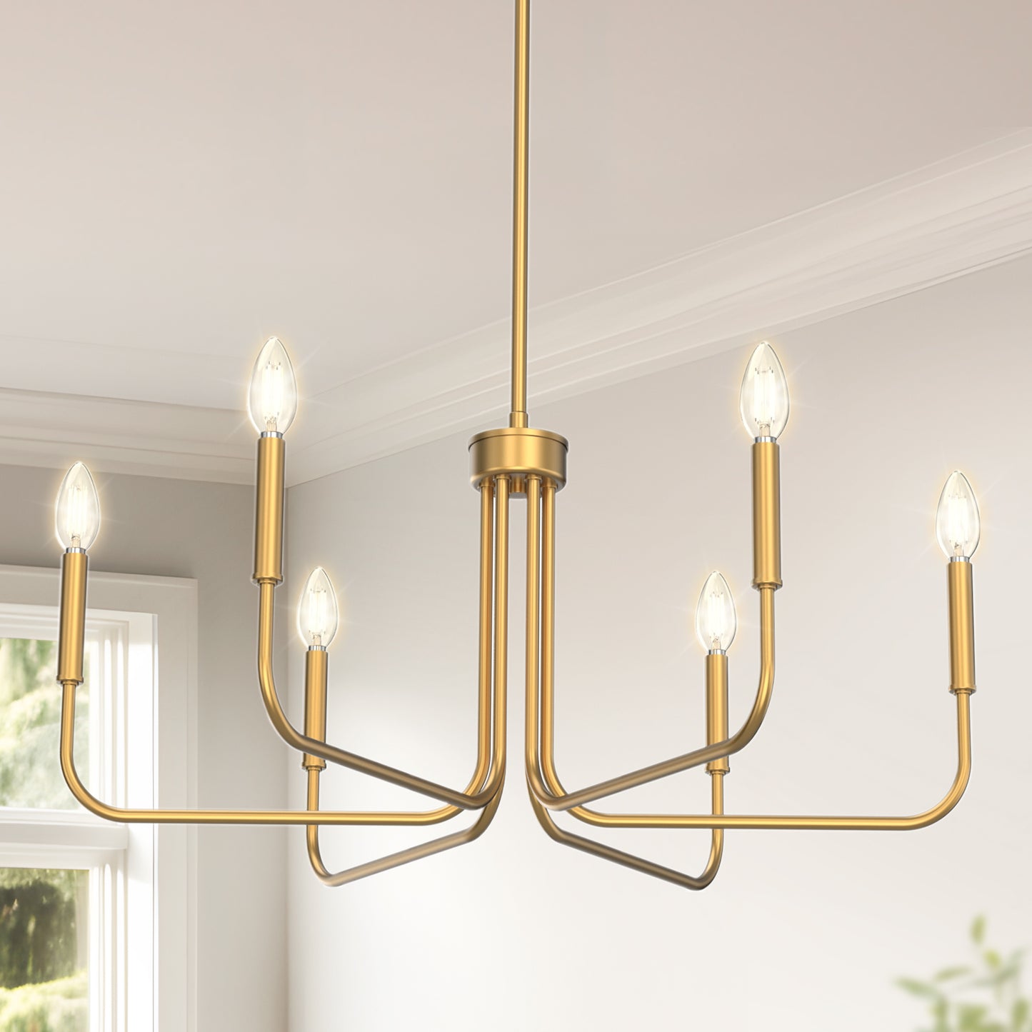 YANSUN 28 in. Gold 6-Light Farmhouse Rustic Candle Ceiling Chandelier, Adjustable Height for Dining Room Living Room and Foyer