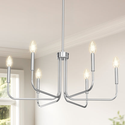 YANSUN 6-Head Chrome Traditional Chandelier - 28in E12 Metal Candelabra for Living Room Entryway, 40W Max