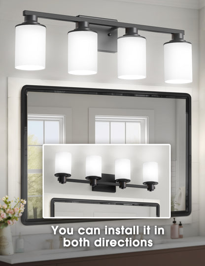 YANSUN 27 in. 4-Light Matte Black Cylinder Glass Shade Vanity Light with Dimmable for Bathroom No Bulbs Included