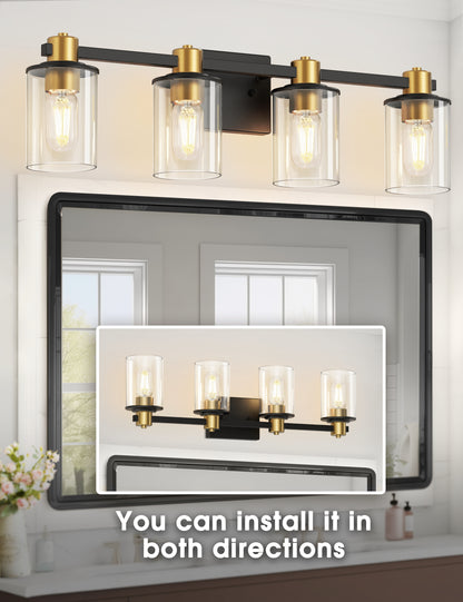 YANSUN 26 in. 4-Light Black and Gold Bathroom Vanity Light with Clear Glass Shades, E26 Wall Sconce Fixture