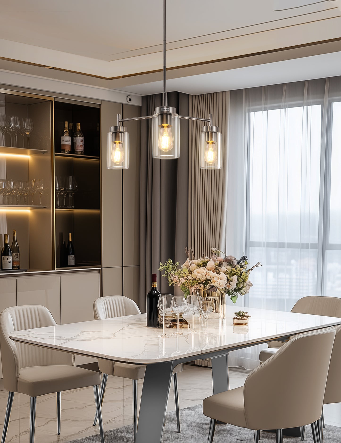 YANSUN 3-Light Chandelier in Brushed Nickel with Clear Glass Shades, a Modern Pendant Light Fixture for Kitchen or Dining Room