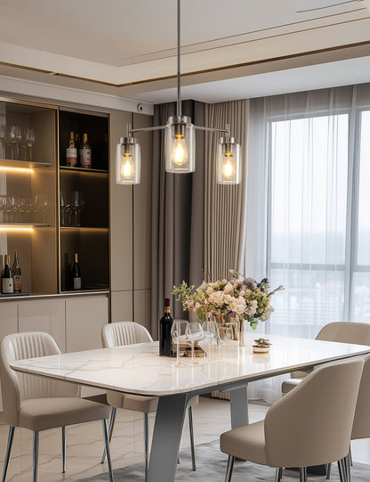 YANSUN 3-Light Chandelier in Brushed Nickel with Clear Glass Shades, a Modern Pendant Light Fixture for Kitchen or Dining Room