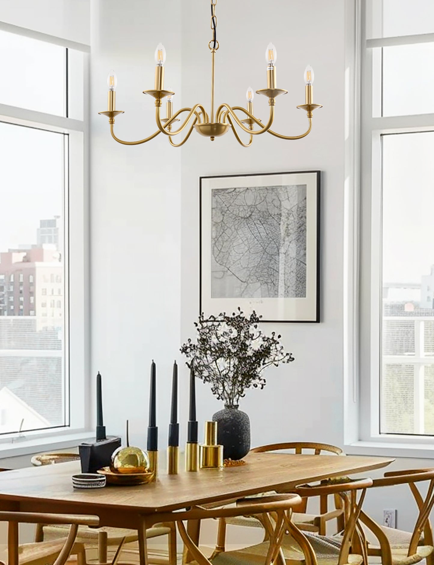 YANSUN 6-Light Gold Candle Rustic Industrial Iron Chandeliers for Dining Room Living Room