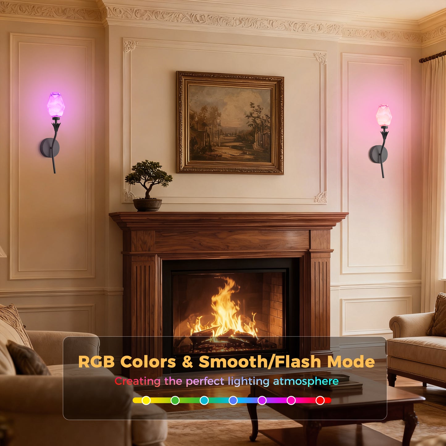 YANSUN 2-Pack Floral Art Glass Black LED Wall Sconce RGBCW Remote Control Remote Timer Dimmable Wall Light for Living Room