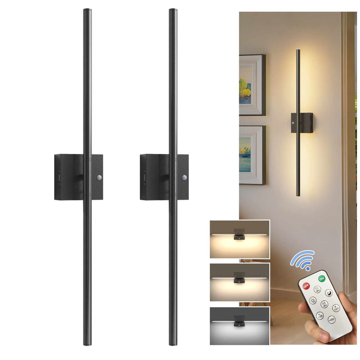 YANSUN 2-Pack 28.3in Rechargeable LED Wall Sconce Matte Black Indoor Wall Light with Remote Motion Sensor Dimmable 3CCT Night Light