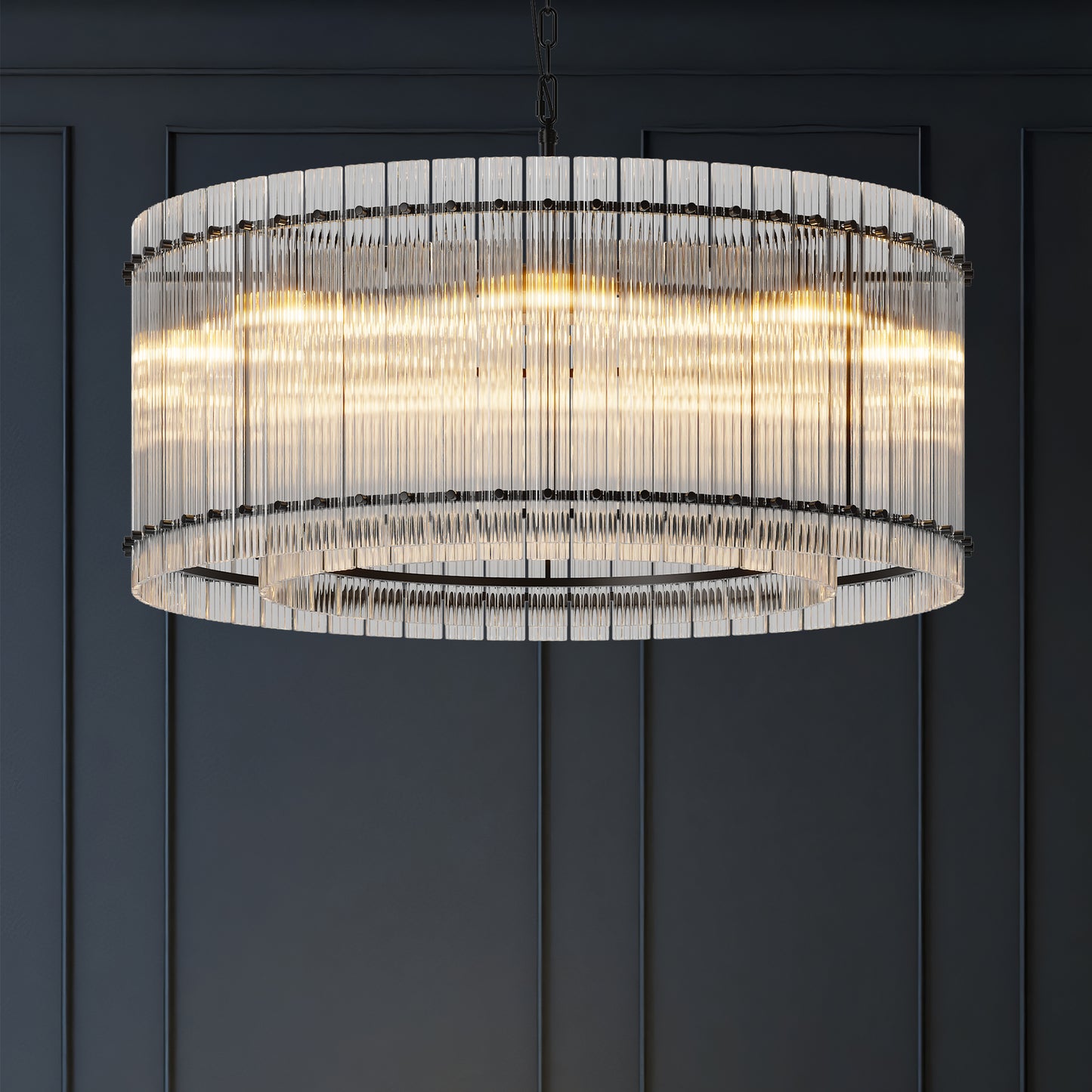 YANSUN 37in. Black 2-Tier 8-Light Water Ripple Crystal Chandelier Modern Ceiling Light for Dining Room Living Room Bedroom Foyer High Ceiling