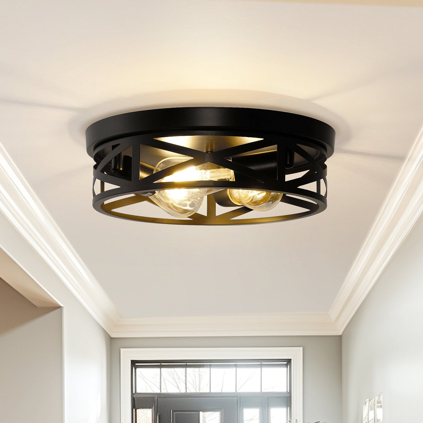 YANSUN 12.6 in. 3-Light Black Metal Drum Flush Mount Lighting with No Bulbs Included 1-Pack