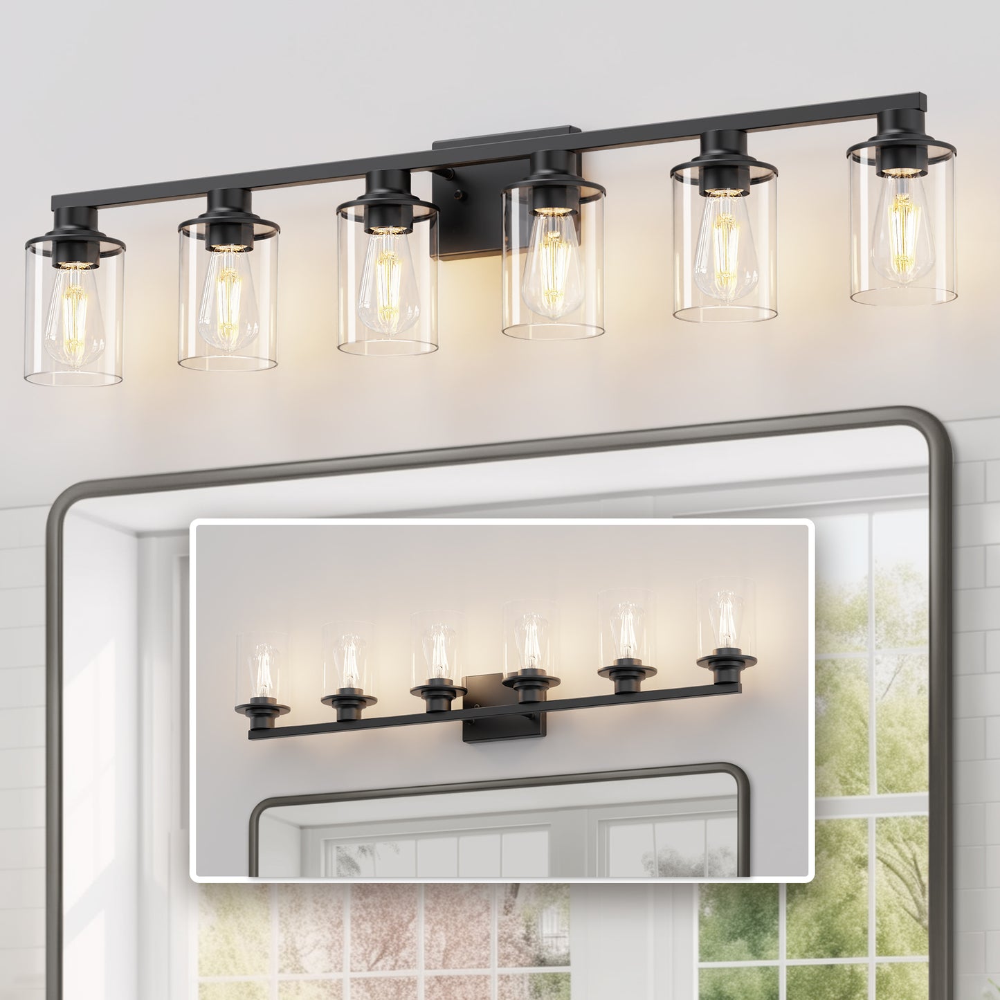 YANSUN 6 Light Matte Black Traditional Vanity Light with Clear Tube Glass Shades for Large Bathroom Mirror E26 Base