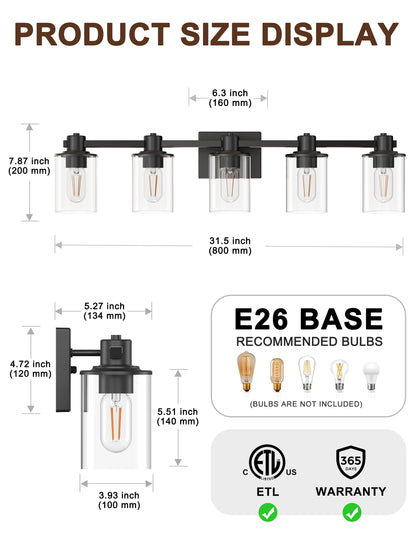 YANSUN 32 in. 5-Light Black Metal Vanity Light with Clear Glass Shade and No Bulbs Included