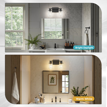 YANSUN 14.17 in. 2-Light Vintage Matte Black Vanity Light with Cylindrical Glass Shades, E26 Base Bathroom Fixture