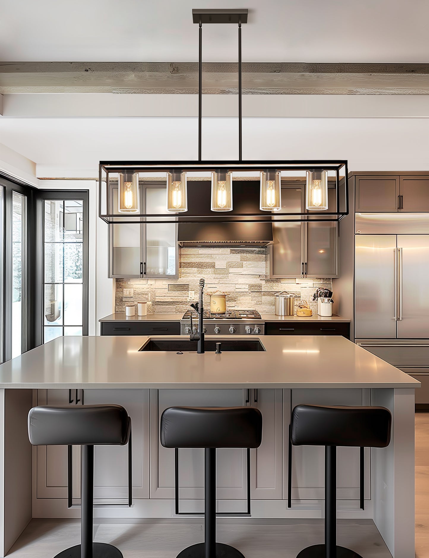YANSUN Modern 5-Light Matte Black Island Pendant Light with Clear Glass Shades, Adjustable Chain, No Bbs Included