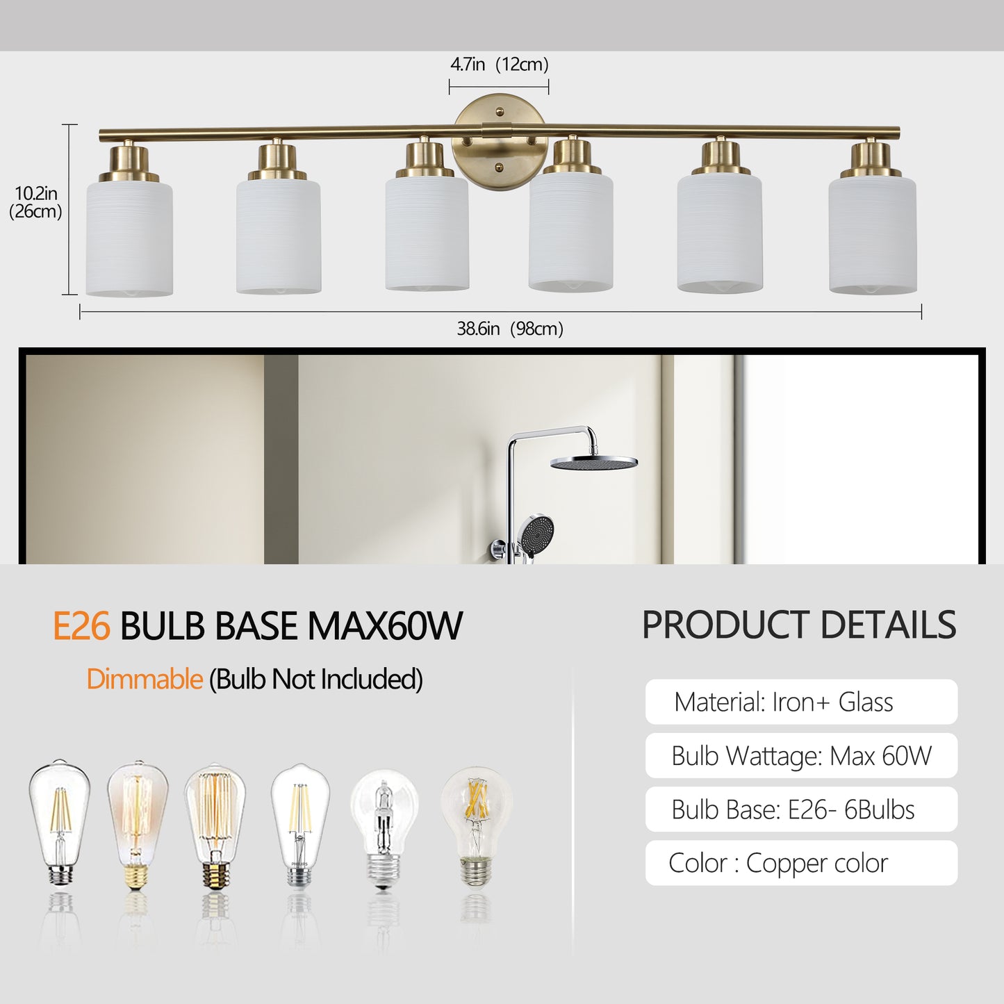 YANSUN Golden Modern Minimalist Bathroom Vanity Light, 6-Light Wall Sconce, Iron & Glass, E26 Base, Hard-Wired (Bulbs Not Included)