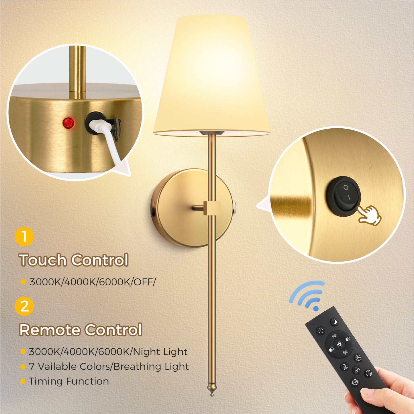 YANSUN 8 in. 1-Light gold Wall Sconce Lamp, Indoor with White Fabric Shade Suitable for Living Room (2-Pack)