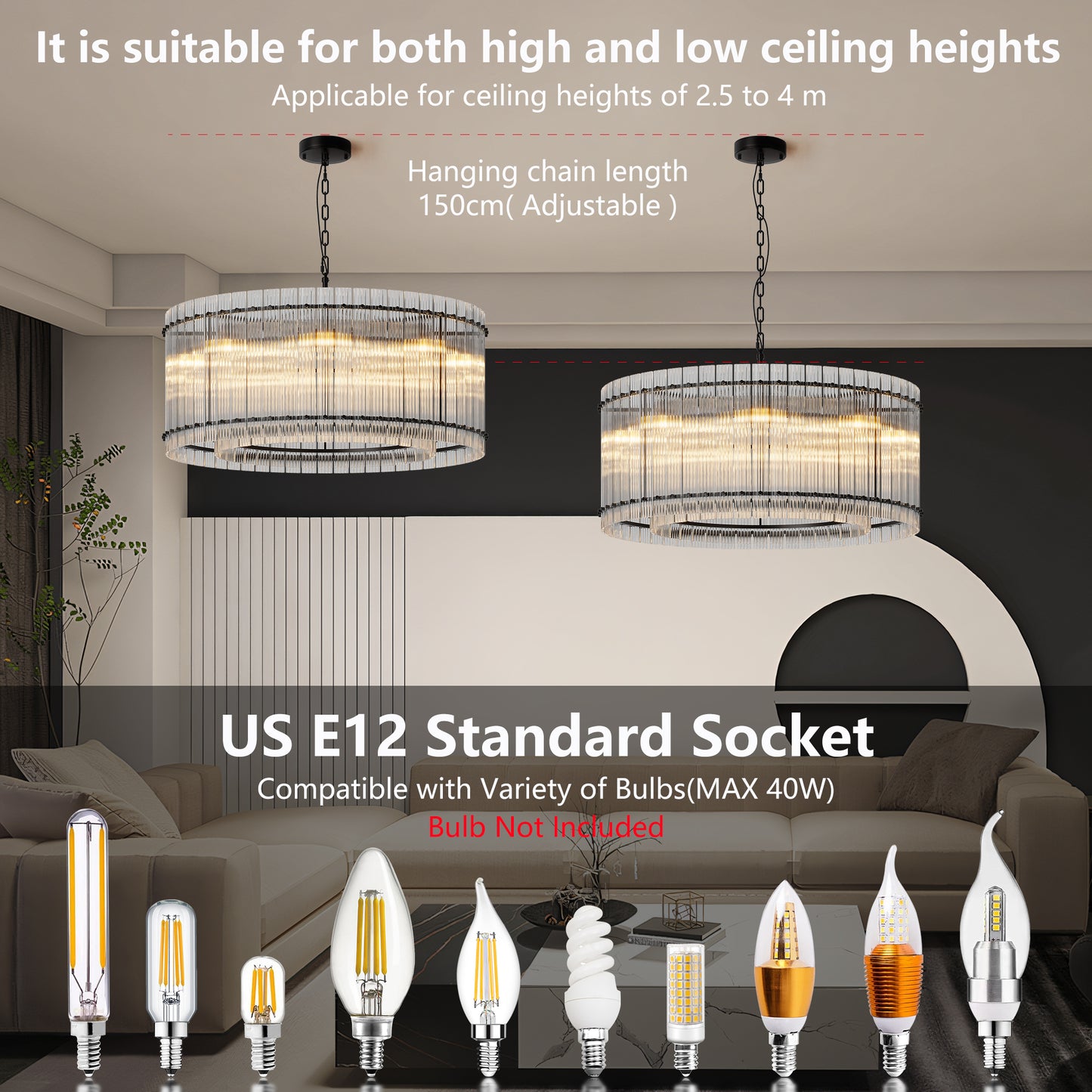 YANSUN 37in. Black 2-Tier 8-Light Water Ripple Crystal Chandelier Modern Ceiling Light for Dining Room Living Room Bedroom Foyer High Ceiling