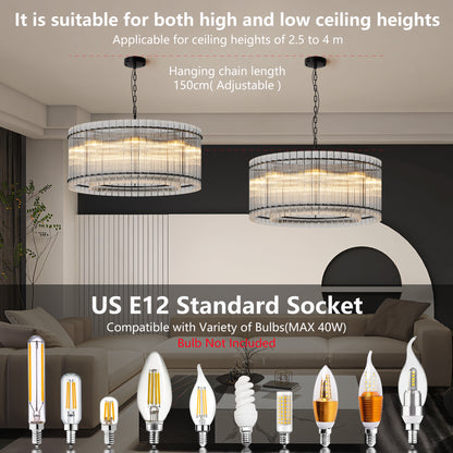 YANSUN 37in. Black 2-Tier 8-Light Water Ripple Crystal Chandelier Modern Ceiling Light for Dining Room Living Room Bedroom Foyer High Ceiling