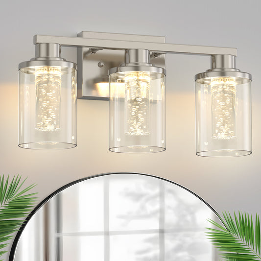 YANSUN 17 in. 3-Light Brushed Nickel LED Bathroom Vanity Light  5CCT Dimmable Fixture with Remote Crystal Glass Shades