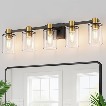YANSUN 32 in. 5-Light Black Gold Vanity Light for Bathroom with Clear Glass Shade Wall Sconce