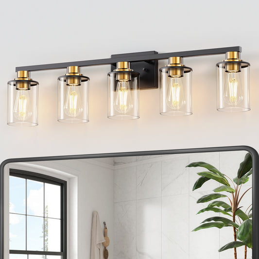 YANSUN 34 in. 5-Light Black and Gold Bathroom Vanity Light Fixture with Clear Glass Shades for Over Mirror