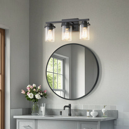 YANSUN 18 in. 3-Light Black Vanity Light with Cylinder Clear Glass Shade for Bathrooms Powder Rooms or Dressing Rooms