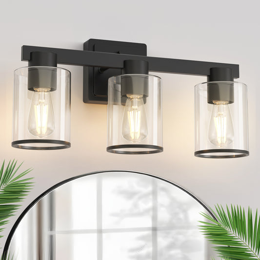 YANSUN 18 in. Industrial 3-Light Matte Black Farmhouse Bathroom Vanity Light with Clear Glass Shades