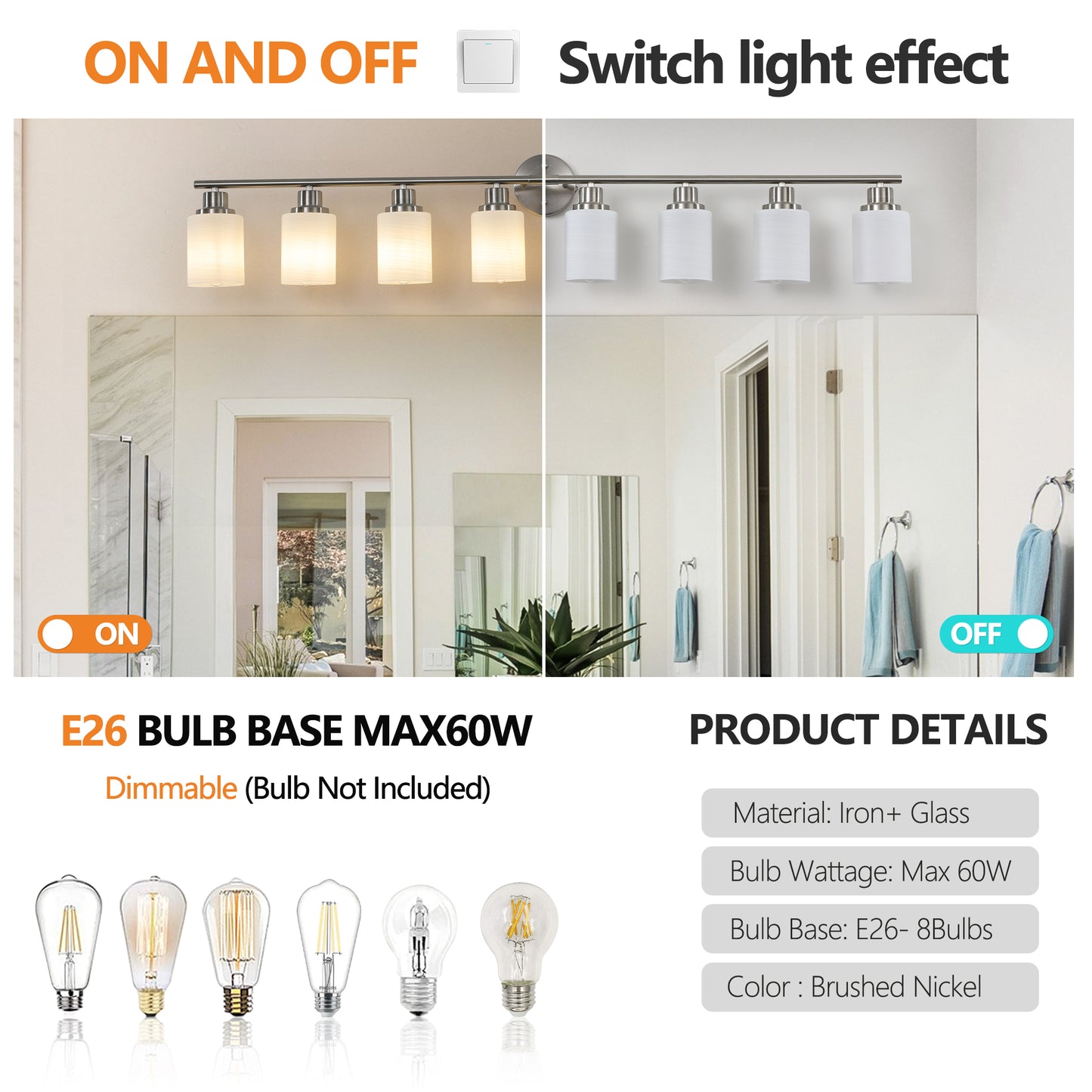 YANSUN Modern 8-Light Vanity Wall Sconce, Brushed Nickel Finish with Frosted Glass Shades for Bathroom or Hallway Lighting (No Bulbs)