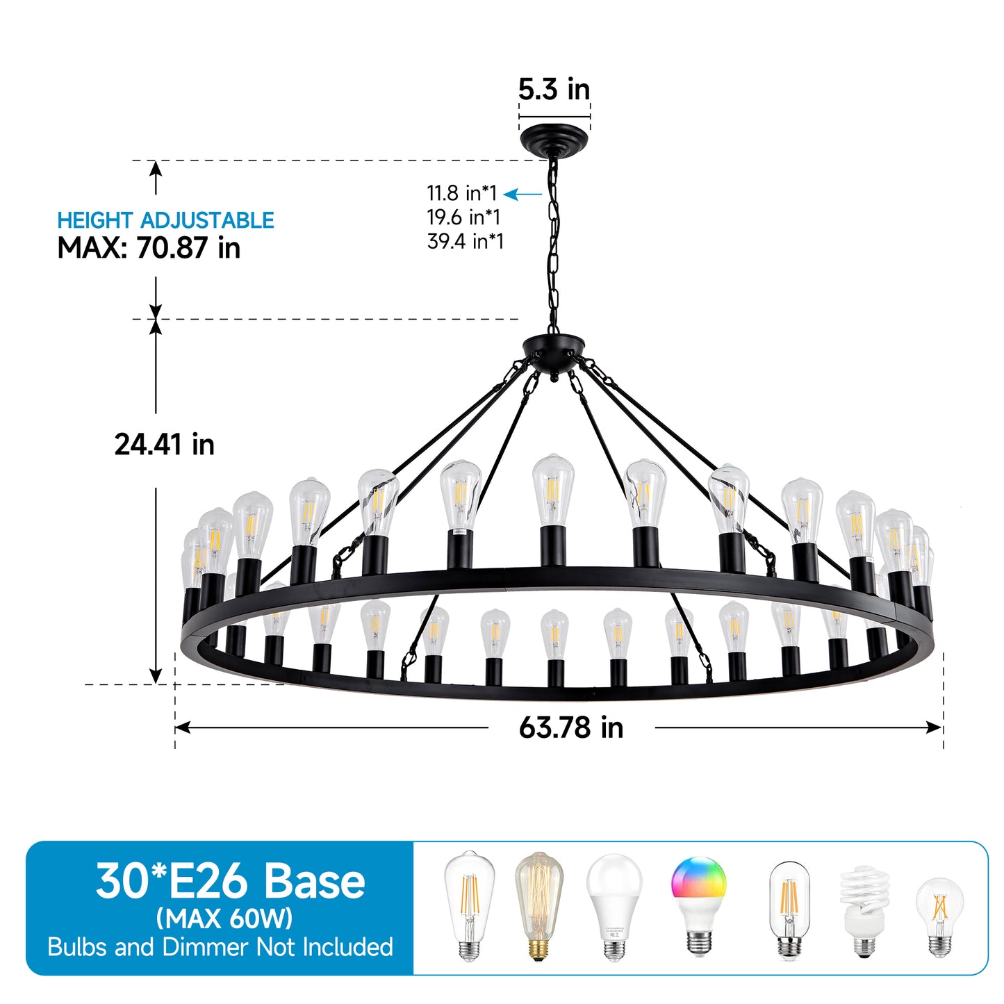 YANSUN 64in. Matte Black Wagon Wheel Chandelier 30-Light E26 Farmhouse Industrial Pendant Light for High Ceiling Dining Room (No Bulbs)