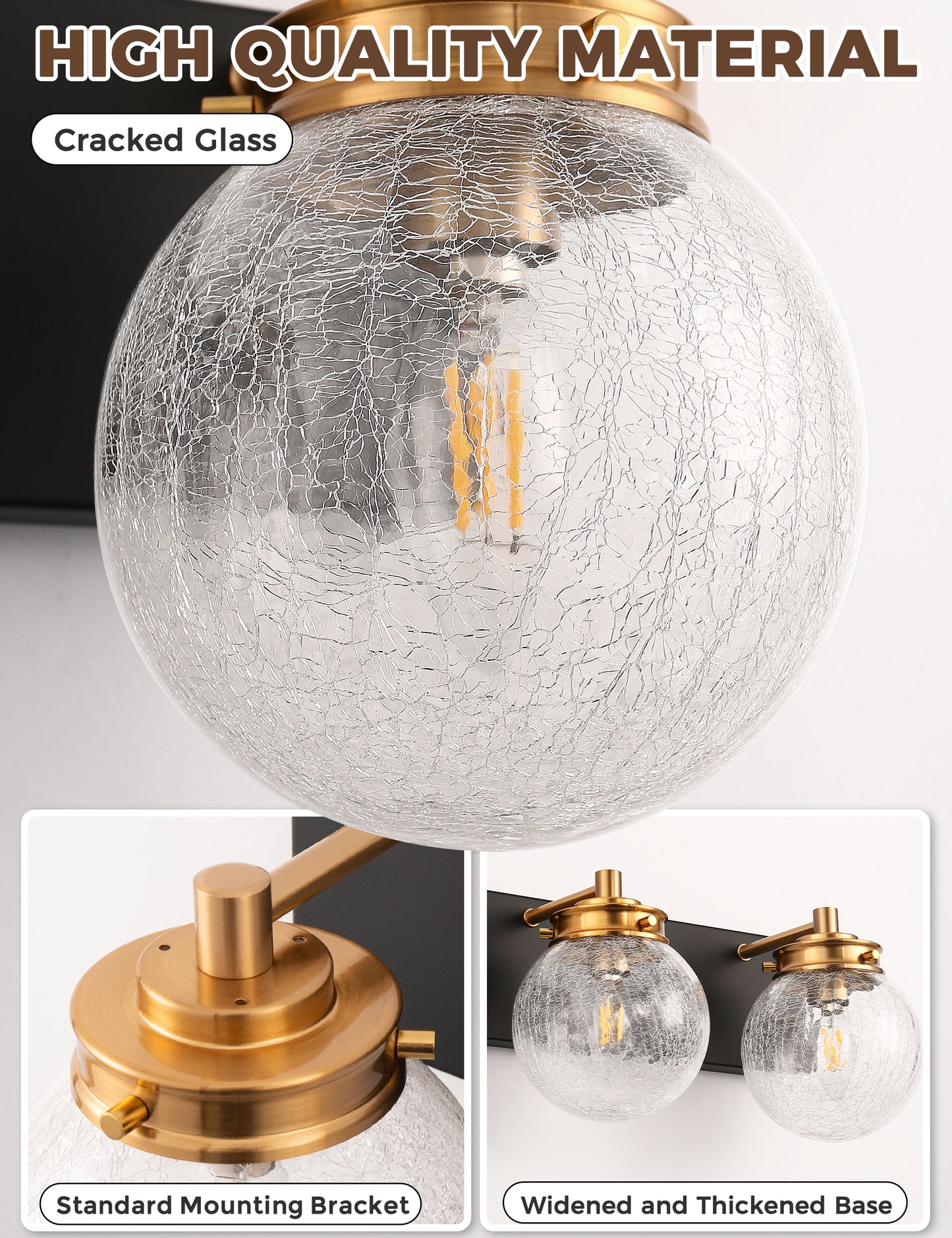 YANSUN 22 in. 3-Light Modern Black and Gold Vanity Light with Crackle Glass Wall Perfect for Vanity Powder Room Dressing Room